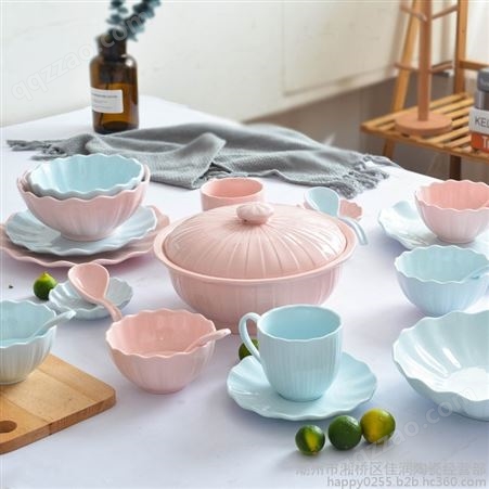 佳润TC203 百合系列纯色彩晶色土陶瓷餐具家用米饭面汤碗带勺子自由组合套装