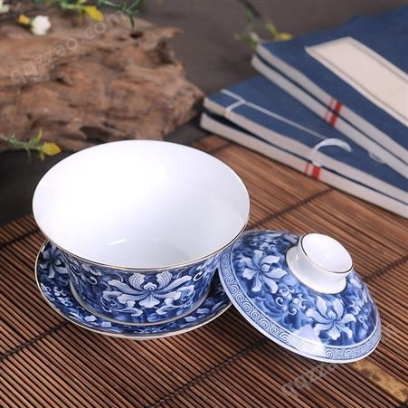 青花瓷盖碗景德镇描金茶碗 釉下彩功夫茶杯泡茶碗 金边典世单蓝